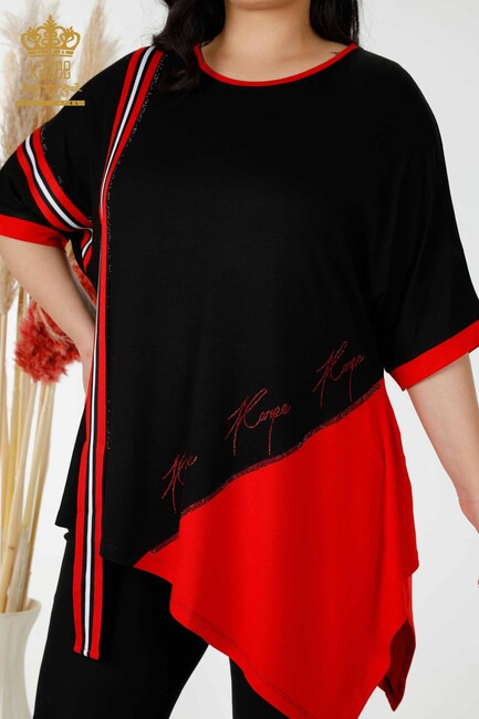 Kadın Tunik Taş İşlemeli Siyah-Kırmızı - 77730 | KAZEE - Thumbnail
