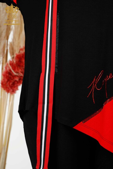 Kadın Tunik Taş İşlemeli Siyah-Kırmızı - 77730 | KAZEE - Thumbnail