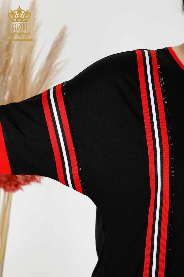 Kadın Tunik Taş İşlemeli Siyah-Kırmızı - 77730 | KAZEE