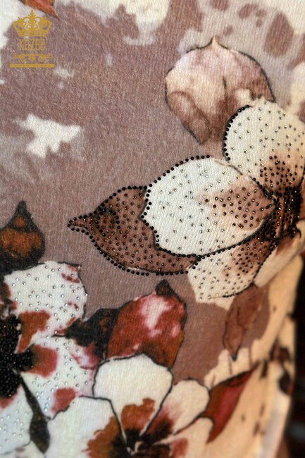 تريكو نسائي كنزة صوفية بنقشة زهور مينك - 18923 | كازي - Thumbnail