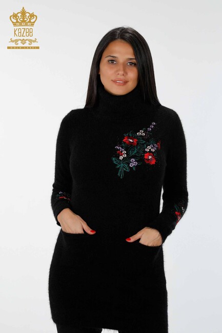 Women's Knitwear Tunic Floral Pattern Black - 18870 | KAZEE - Thumbnail