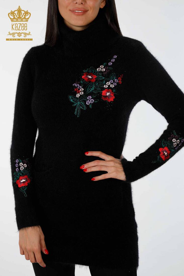 Women's Knitwear Tunic Floral Pattern Black - 18870 | KAZEE