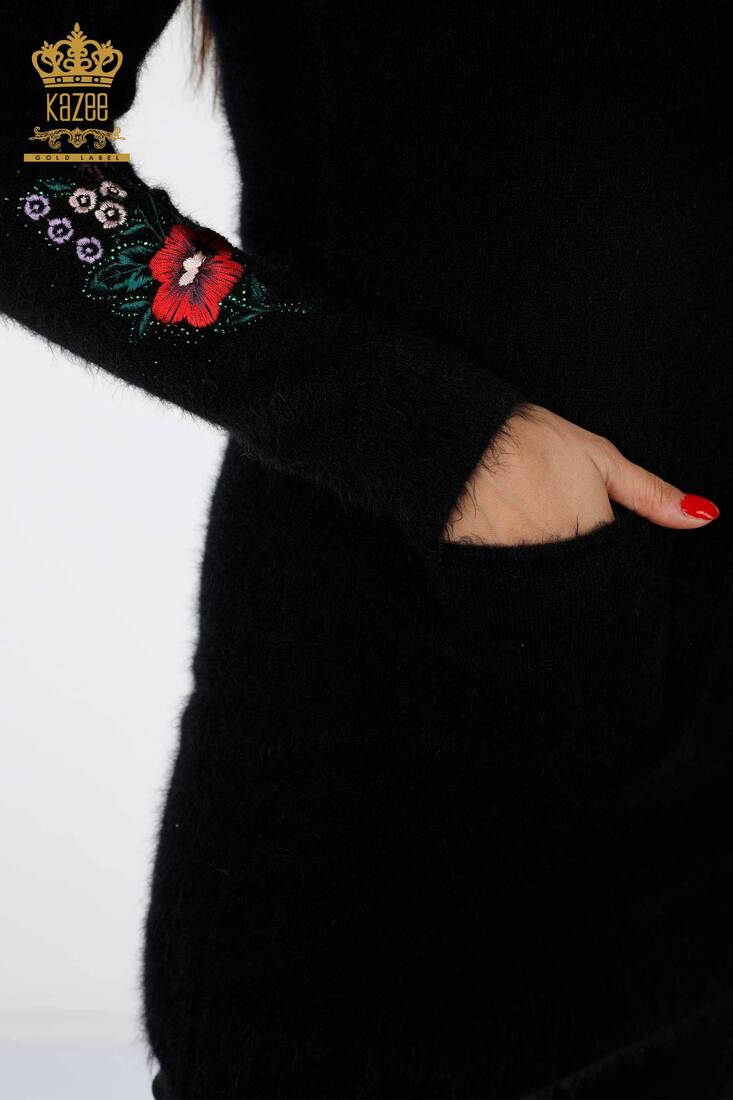 Women's Knitwear Tunic Floral Pattern Black - 18870 | KAZEE