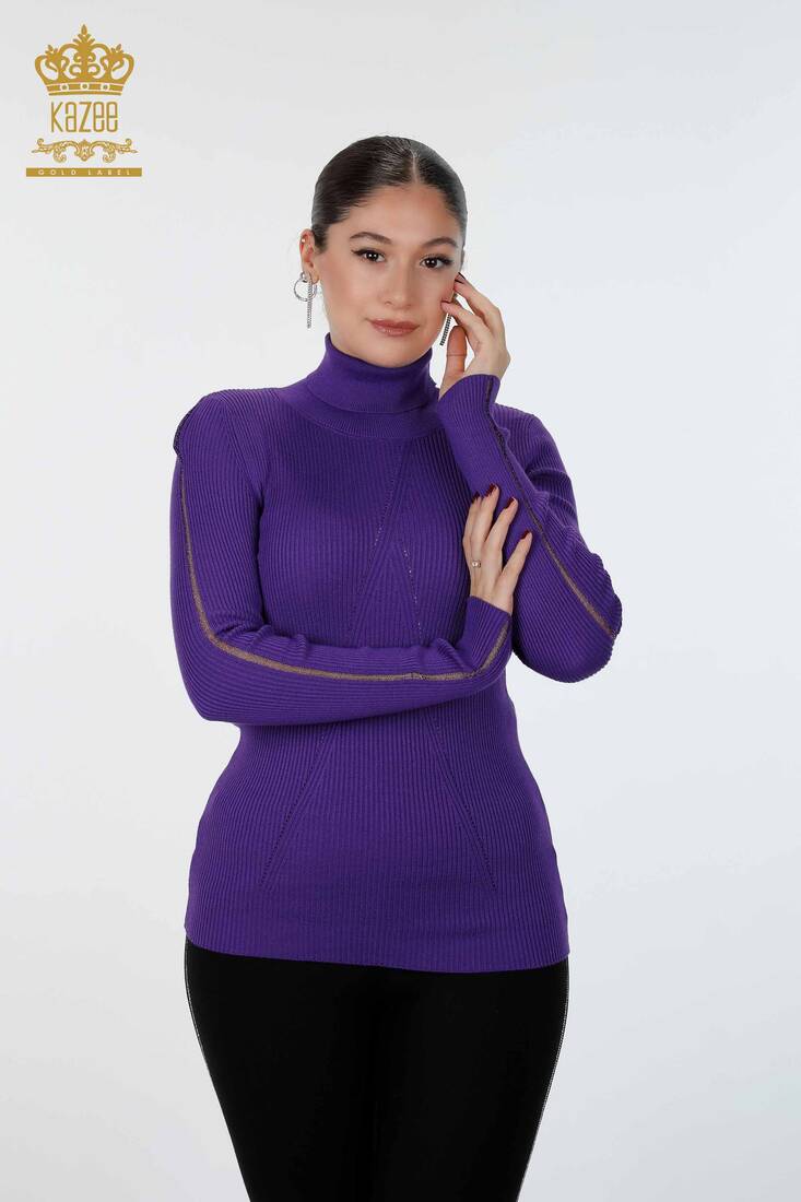 Womens Knitwear Arm Hole Detailed Turtleneck Striped Purple - 16241 | KAZEE