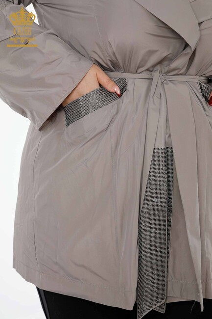 معطف واق من المطر للنساء مطرزة بأحجار الكريستال رمادي - 7575 | Kazee - Thumbnail