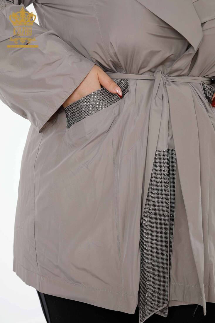 معطف واق من المطر للنساء مطرزة بأحجار الكريستال رمادي - 7575 | Kazee