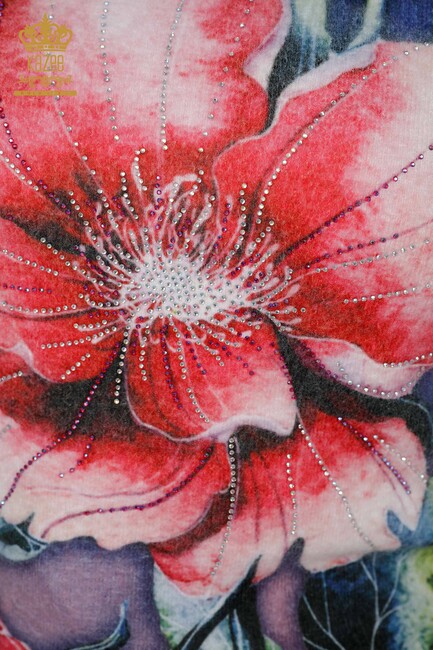 كنزة تريكو نسائية بطبعة زهور كحلي - 18977 | كازي - Thumbnail