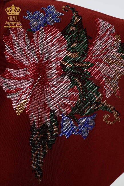 تريكو نسائي بنقشة زهور أحمر كلاريت - 16190 | كازي - Thumbnail