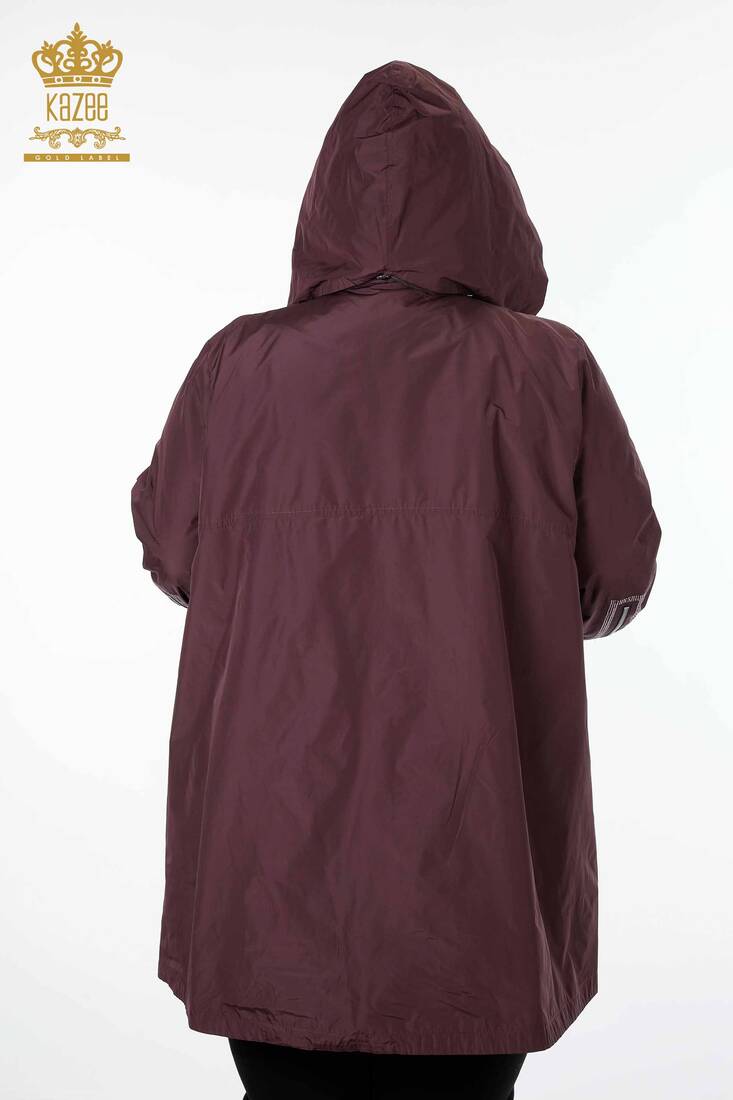 معطف واق من المطر للنساء من حجر فضي مطرز كلاريت أحمر - 7573 | كازي