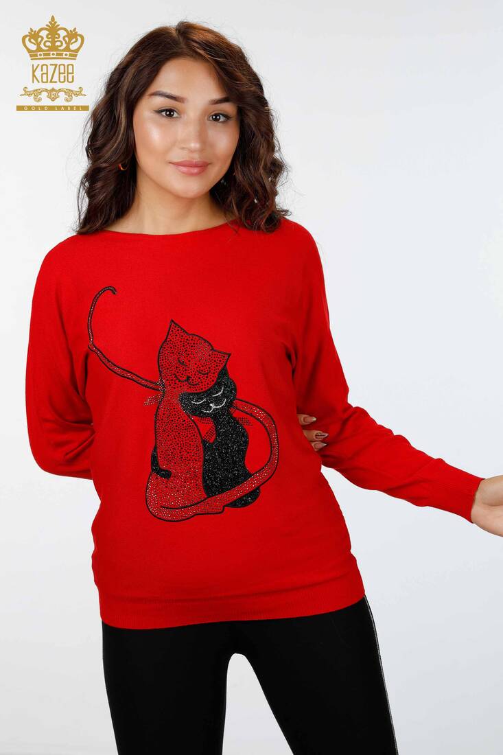 Женский трикотаж с рисунком кота красного цвета - 15284 | КАZЕЕ