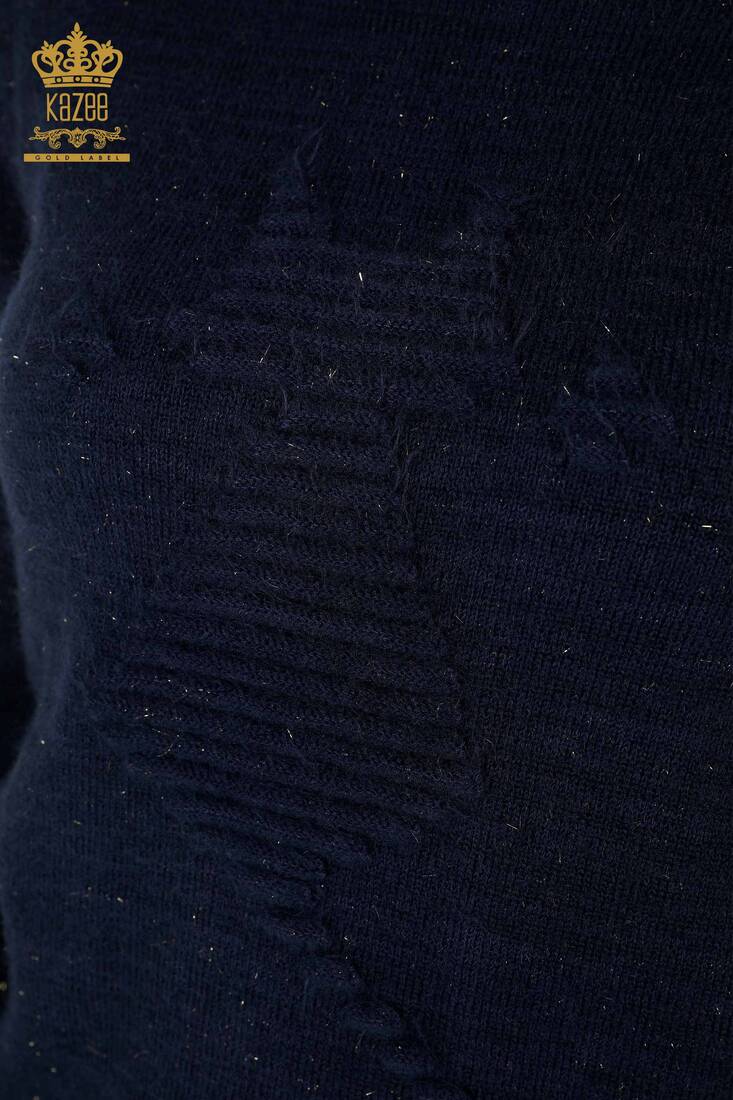 ملابس تريكو أنجورا نسائية منقوشة باللون الأزرق الداكن - 19071 | كازي