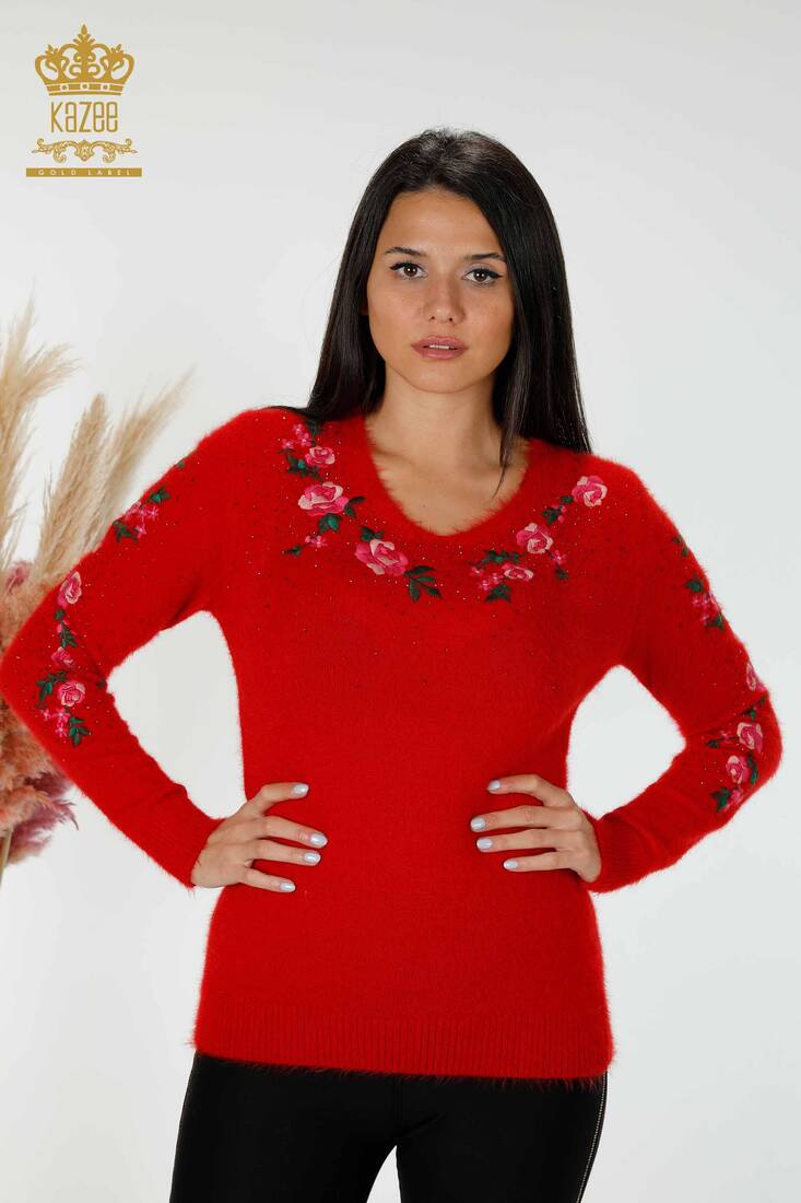 Women's Angora Red With Flower Embroidery - 18916 | KAZEE