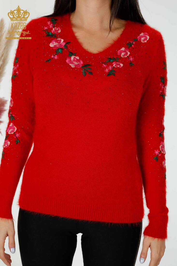 Women's Angora Red With Flower Embroidery - 18916 | KAZEE
