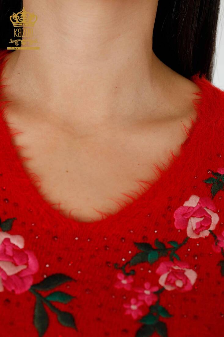 Women's Angora Red With Flower Embroidery - 18916 | KAZEE