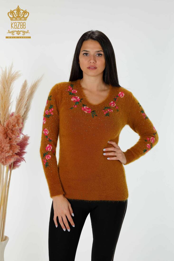 Women's Angora Floral Embroidered Mustard - 18916 | KAZEE