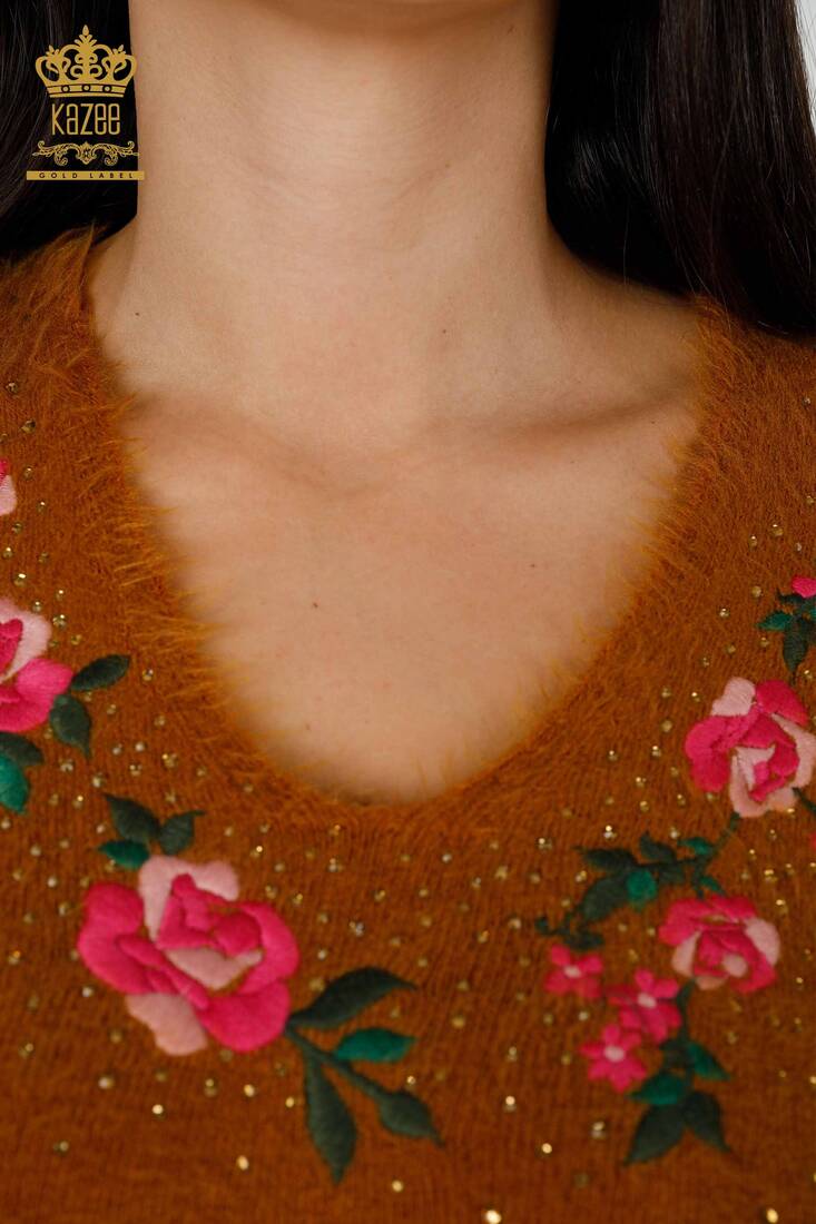 Women's Angora Floral Embroidered Mustard - 18916 | KAZEE