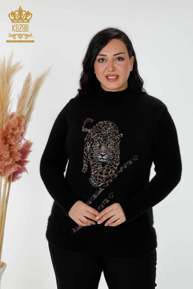 Women's Angora Color Stone Embroidered Black - 18957 | KAZEE