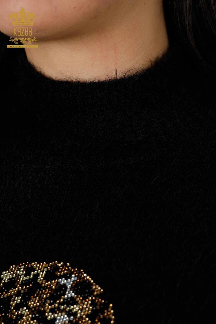 Women's Angora Color Stone Embroidered Black - 18957 | KAZEE