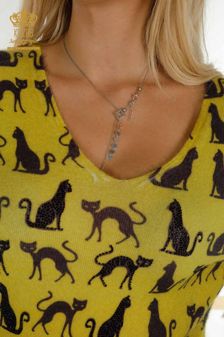 Women's Angora Knitwear Cat Pattern Mustard - 11387 | KAZEE