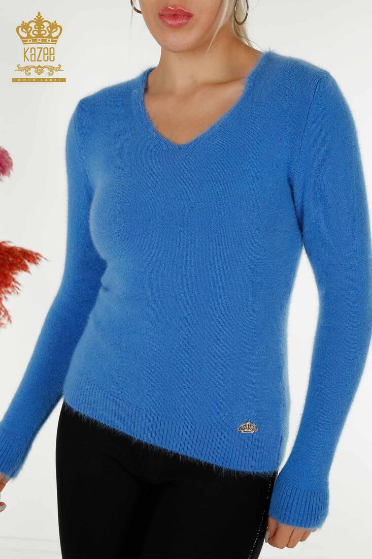 Women's Angora Knitwear Crew Neck Blue - 12047 | KAZEE