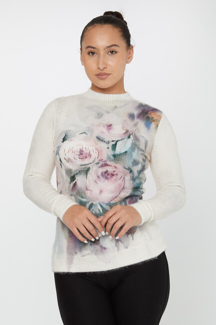 Women's Angora Sweater Floral Pattern Digital Printed Ecru - 50026 | KAZEE - Thumbnail