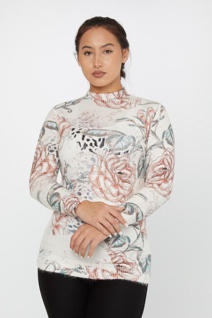 Women's Angora Sweater Floral Patterned Ecru - 50001| KAZEE - Thumbnail