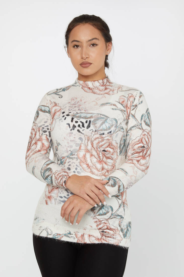 Women's Angora Sweater Floral Patterned Ecru - 50001| KAZEE