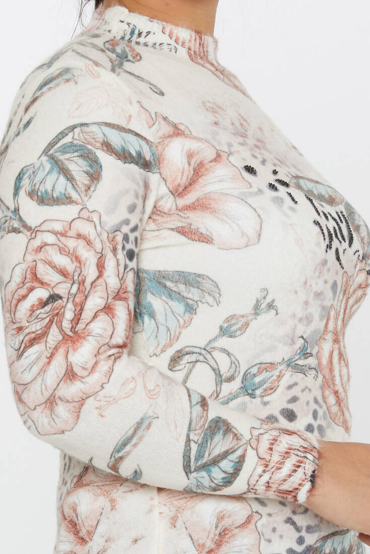 Women's Angora Sweater Floral Patterned Ecru - 50001| KAZEE