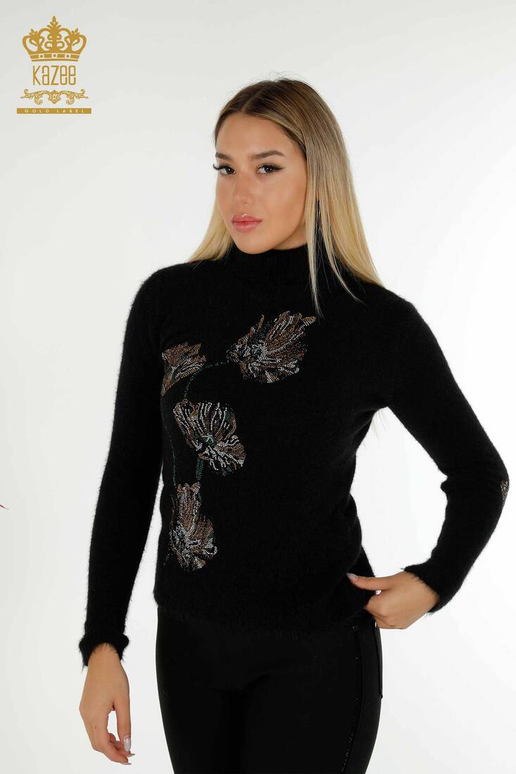 Women's Angora Knitwear Leaf Patterned Black - 18899 | KAZEE
