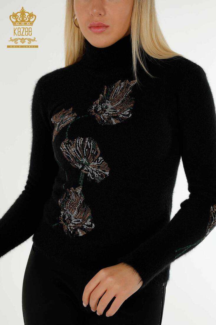 Women's Angora Knitwear Leaf Patterned Black - 18899 | KAZEE