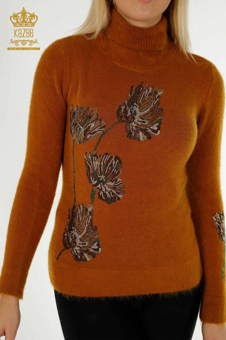 Women's Angora Knitwear Leaf Patterned Mustard - 18899 | KAZEE