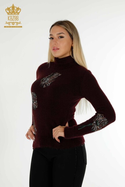 Women's Angora Knitwear Leaf Patterned Plum - 18899 | KAZEE - Thumbnail