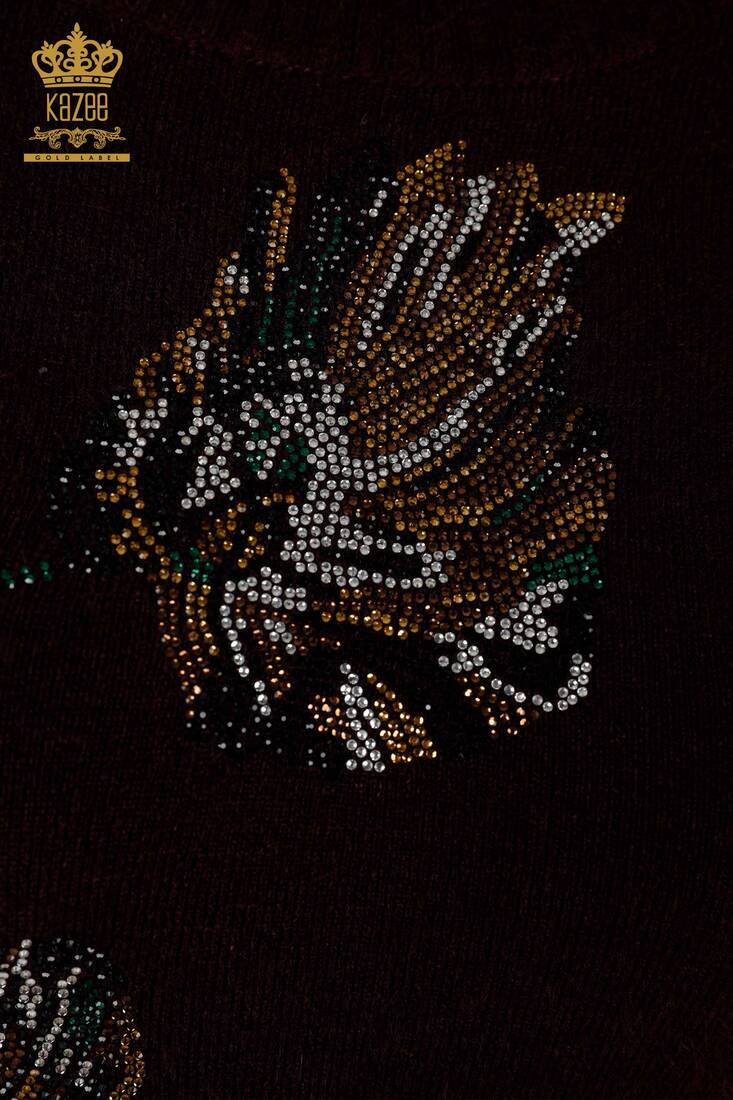 Women's Angora Knitwear Leaf Patterned Plum - 18899 | KAZEE
