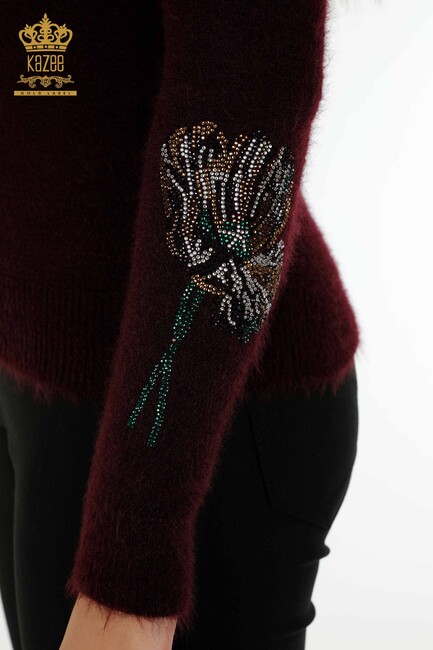 Women's Angora Knitwear Leaf Patterned Plum - 18899 | KAZEE - Thumbnail