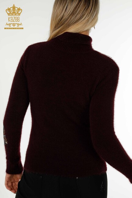 Women's Angora Knitwear Leaf Patterned Plum - 18899 | KAZEE - Thumbnail