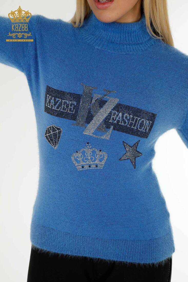 Women's Angora Knitwear Stone Embroidered Blue - 18894 | KAZEE