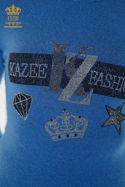 Women's Angora Knitwear Stone Embroidered Blue - 18894 | KAZEE - Thumbnail