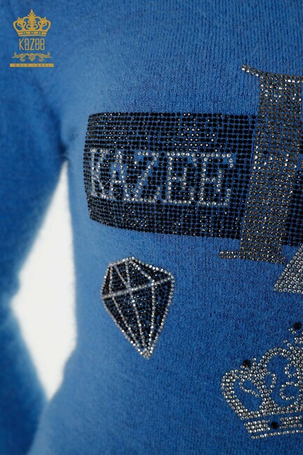 Women's Angora Knitwear Stone Embroidered Blue - 18894 | KAZEE - Thumbnail