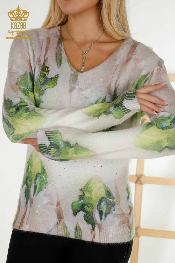 Women's Angora Knitwear with Stone Embroidered Pattern - 18270 | KAZEE