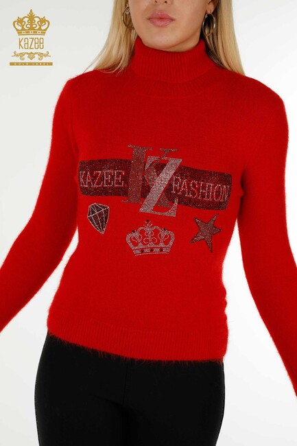 Women's Angora Knitwear Stone Embroidered Red - 18894 | KAZEE - Thumbnail