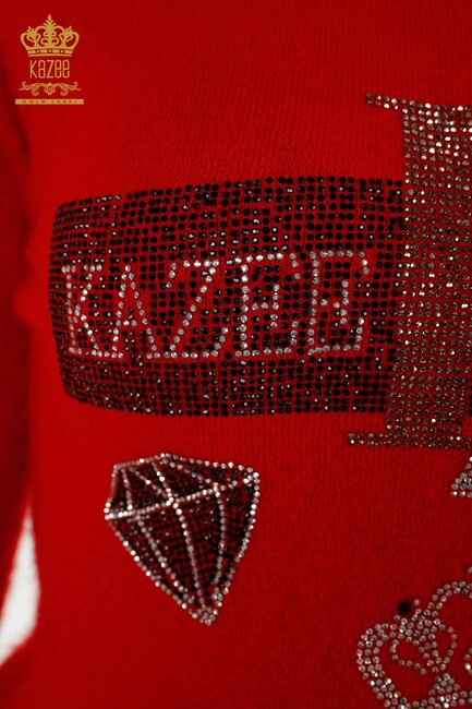 Women's Angora Knitwear Stone Embroidered Red - 18894 | KAZEE - Thumbnail
