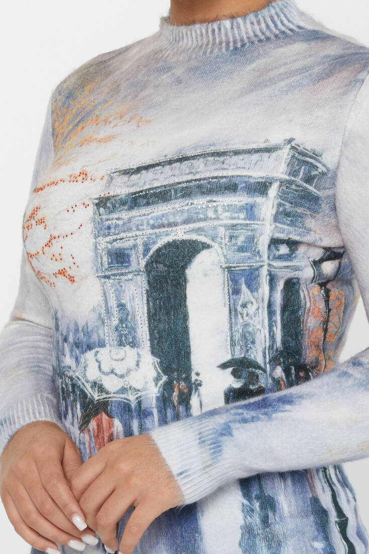Women's Angora Knitwear Stone Digital Printed Ecru - 50023 | KAZEE