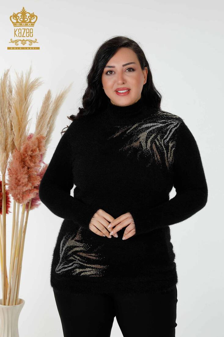 Women's Angora Stone Embroidered Black - 18954 | KAZEE