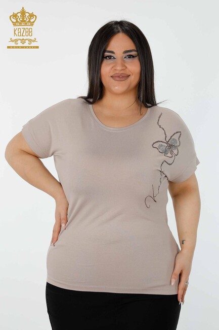 Women's Blouse Butterfly Pattern Beige - 78956 | KAZEE - Thumbnail