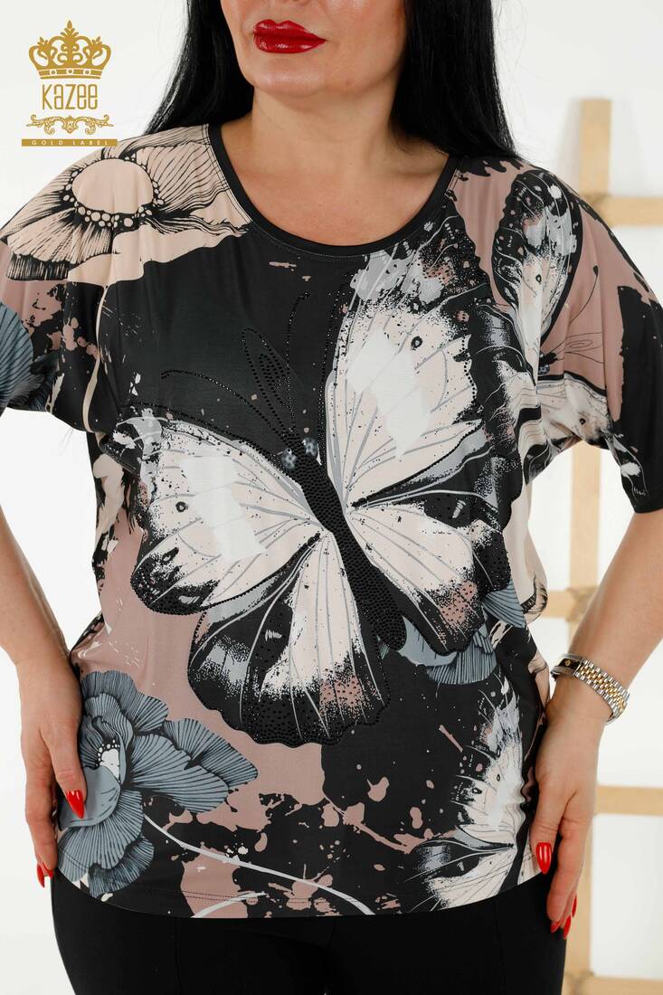 Women's Blouse Butterfly Pattern Black - 77900 | KAZEE