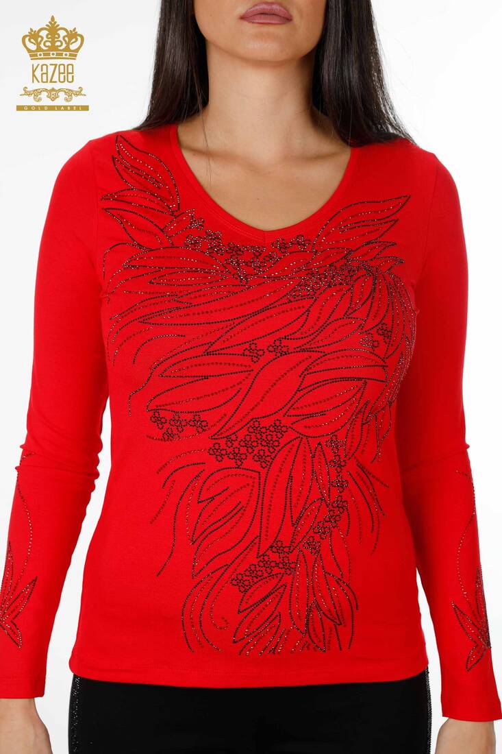 Women's Blouse Crystal Embroidered Red - 79020 | KAZEE
