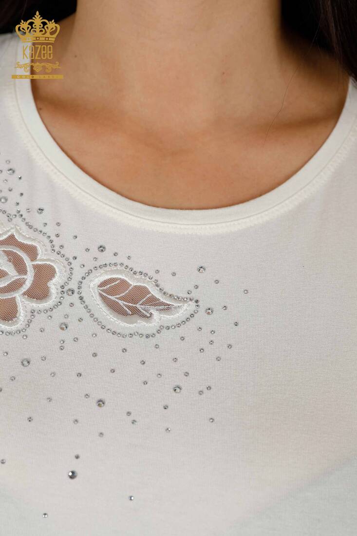 Women's Blouse Flower Embroidered Ecru - 78927 | KAZEE