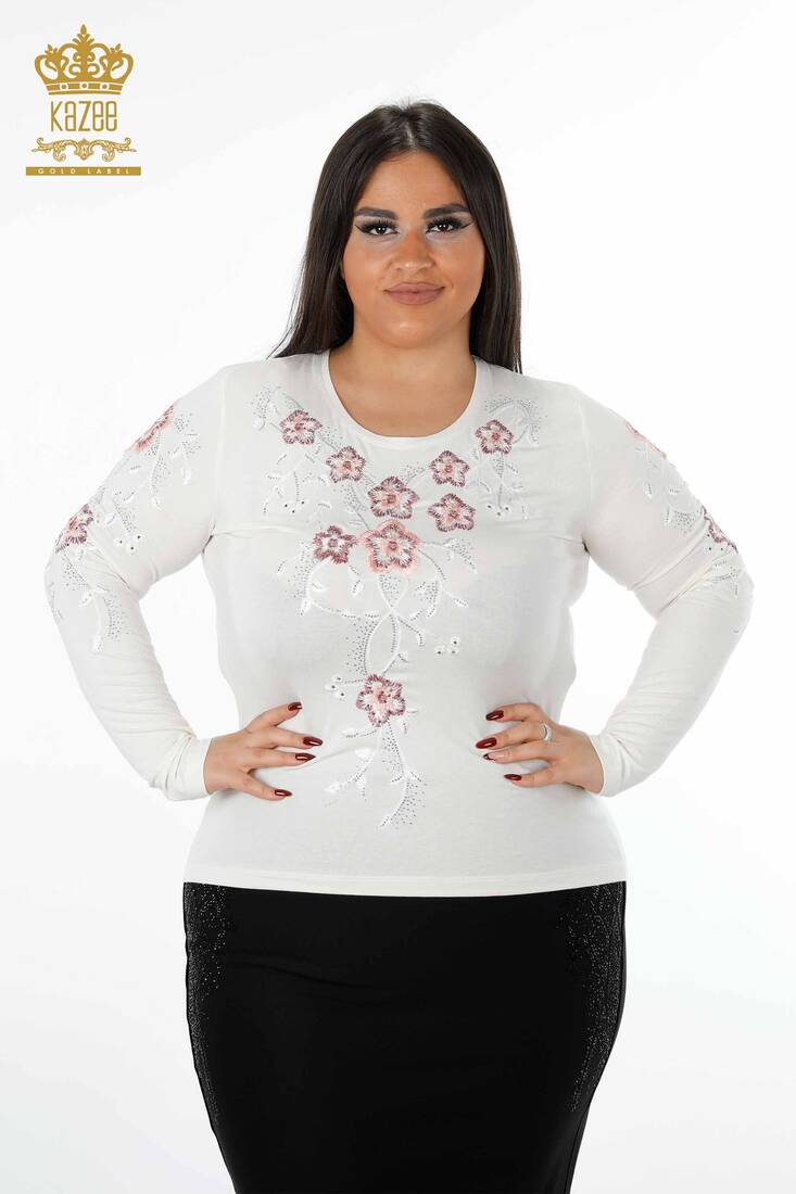 Women's Blouse Flower Embroidered Ecru - 79017 | KAZEE