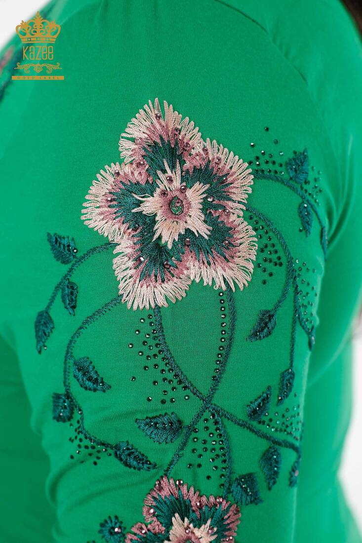 Women's Blouse Green With Floral Embroidery - 79017 | KAZEE