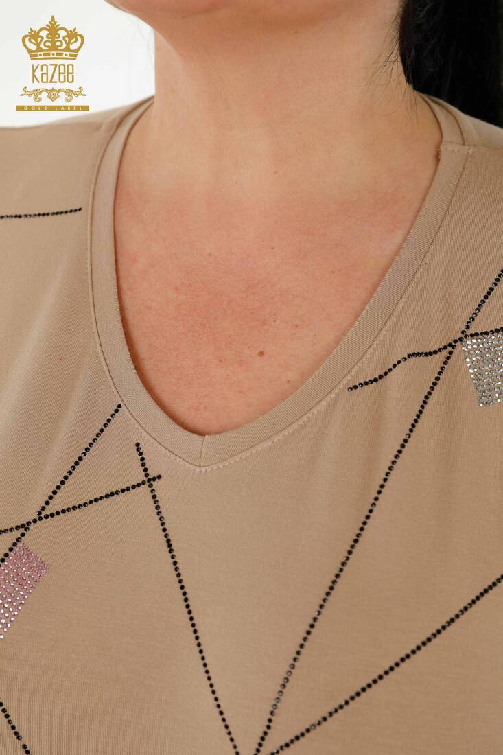 Women's Blouse Stone Embroidered Beige - 79288 | KAZEE